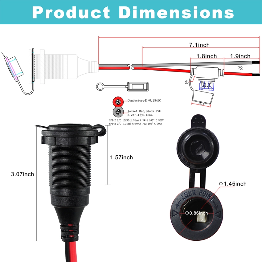12V Car Female Socket with Fuse and Eyelet Terminal