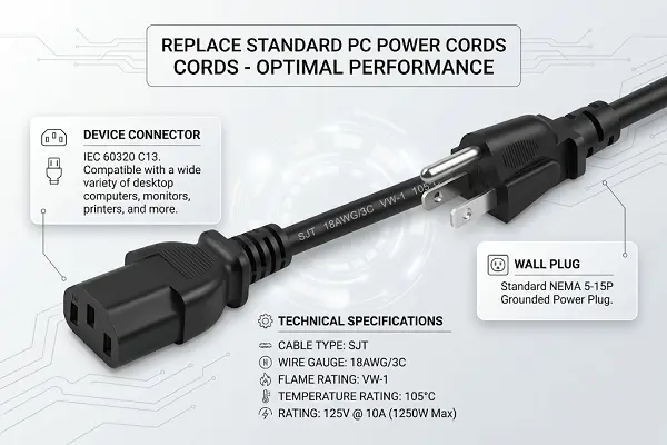 NEMA 5-15P to C13 Power Cord