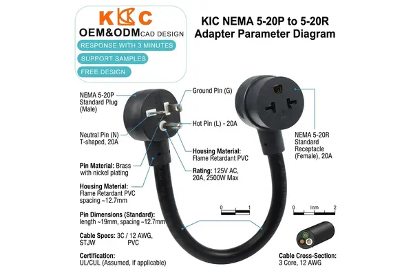 NEMA 5-20P to T-Blade Receptacle Adapter Cord