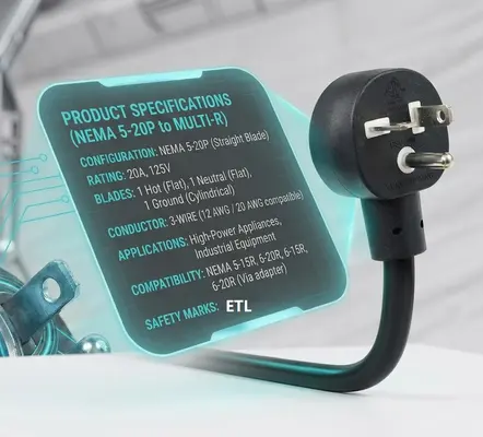 NEMA 5-20P to T-Blade Receptacle Adapter Cord