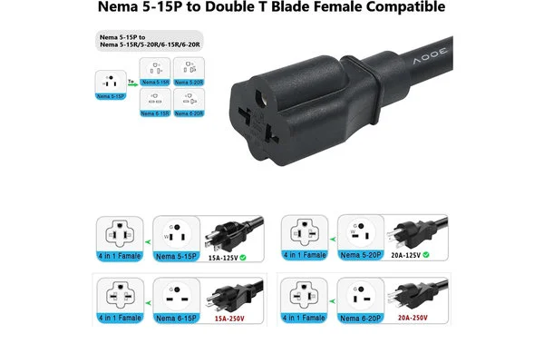 NEMA 5-15P to 5-15R/5-20R/6-15R/6-20R Power Adapter Cord NEMA 5-15P to 5-15R/5-20R/6-15R/6-20R Power Adapter Cord
