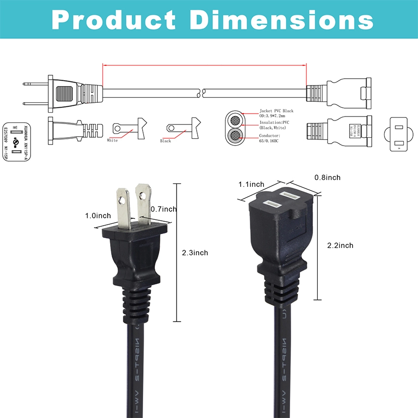 NEMA 1-15P to NEMA 1-15R 2-Prong Power Extension Cord NEMA 1-15P to NEMA 1-15R 2-Prong Power Extension Cord