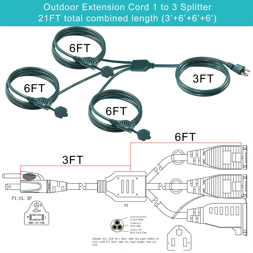Green NEMA 5-15P to 3-Way Splitter Power Extension Cord with Safety Covers