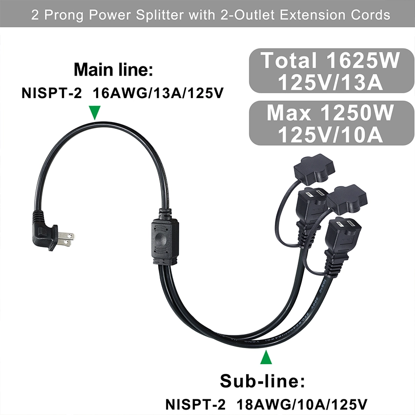 90-Degree Right-Angled NEMA 1-15P to Dual 1-15R Power Splitter Cord with Safety Covers 90-Degree Right-Angled NEMA 1-15P to Dual 1-15R Power Splitter Cord with Safety Covers