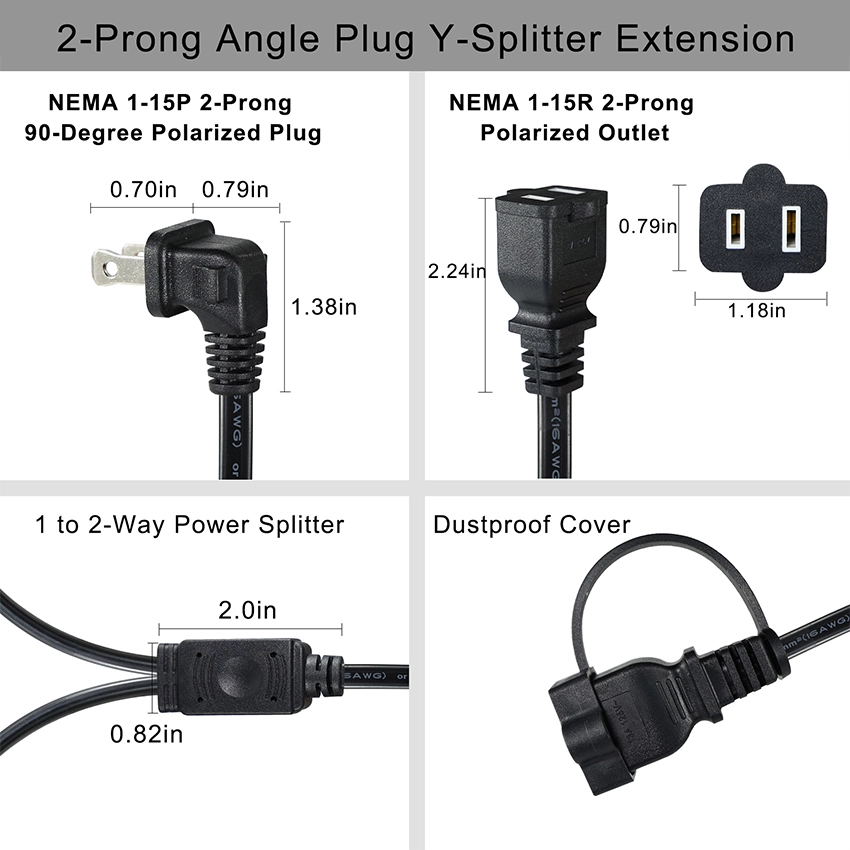 90-Degree Right-Angled NEMA 1-15P to Dual 1-15R Power Splitter Cord with Safety Covers 90-Degree Right-Angled NEMA 1-15P to Dual 1-15R Power Splitter Cord with Safety Covers