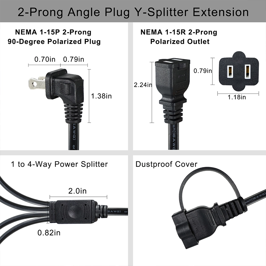 90-Degree Angled NEMA 1-15P to 4-Way 1-15R Power Splitter Cord with Safety Dust Covers 90-Degree Angled NEMA 1-15P to 4-Way 1-15R Power Splitter Cord with Safety Dust Covers