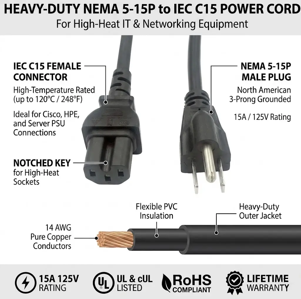 1 to 2 NEMA 5-15P to C15 Power Extension Cable 1 to 2 NEMA 5-15P to C15 Power Extension Cable