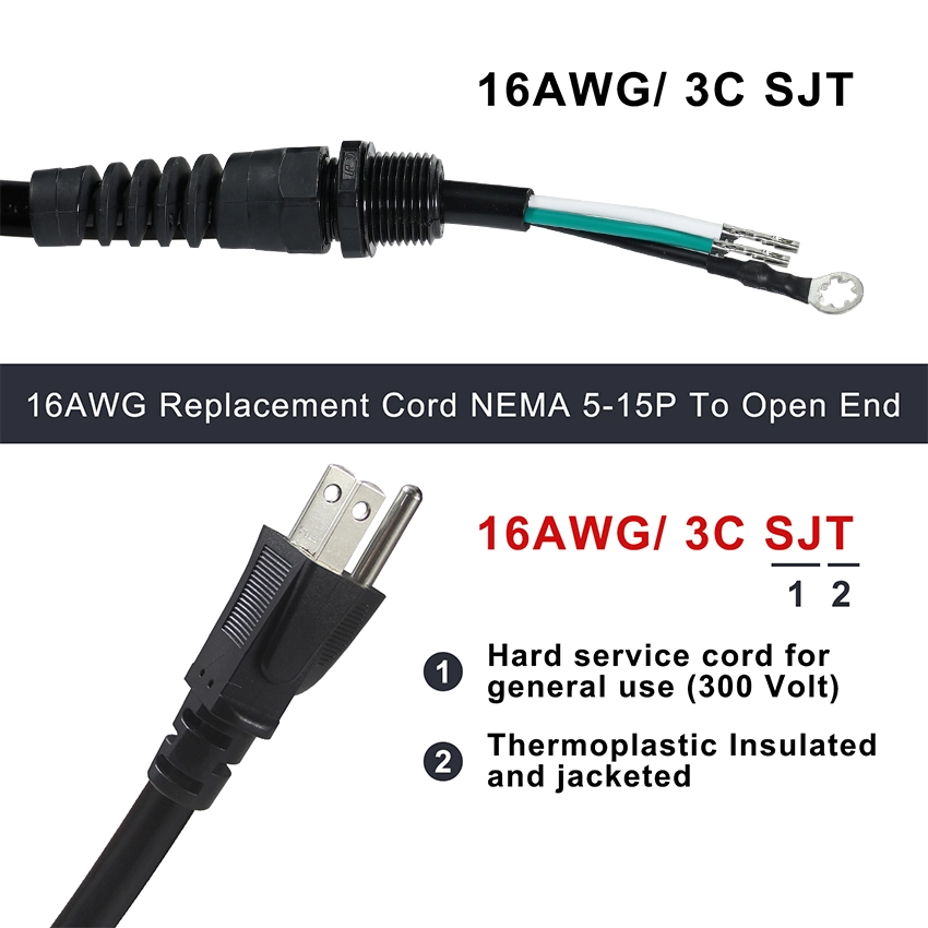 NEMA 5-15P Open End Power Cable with Terminals and Strain Relief Connector