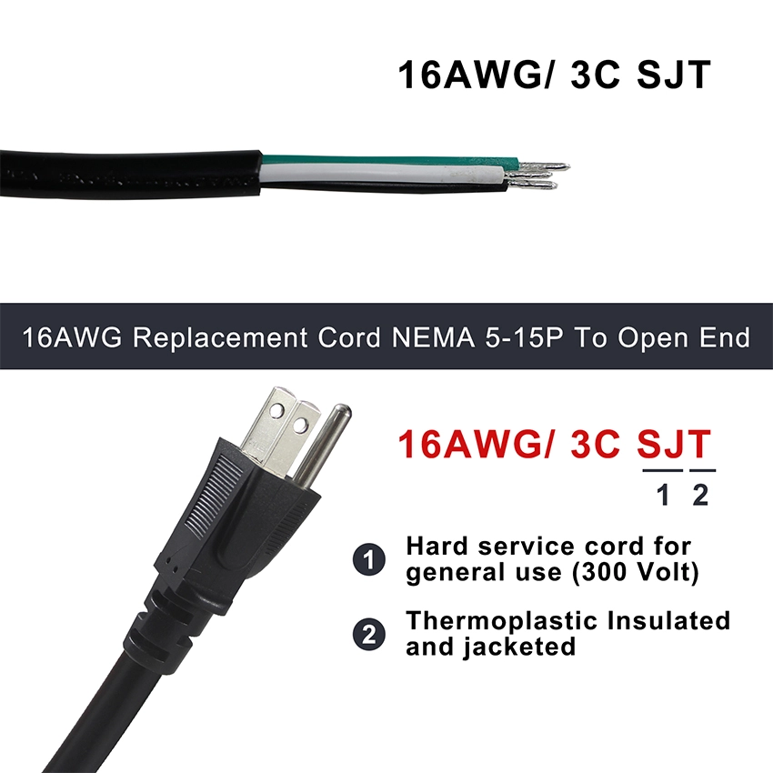 Straight NEMA 5-15P to Open End Replacement Power Cable Straight NEMA 5-15P to Open End Replacement Power Cable