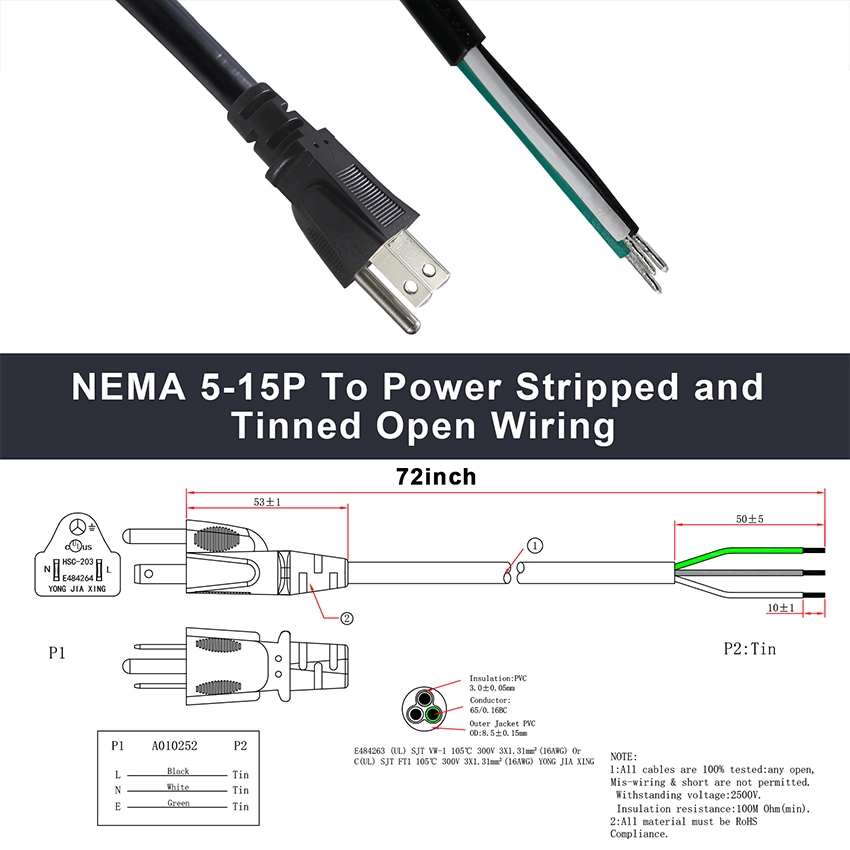 Straight NEMA 5-15P to Open End Replacement Power Cable