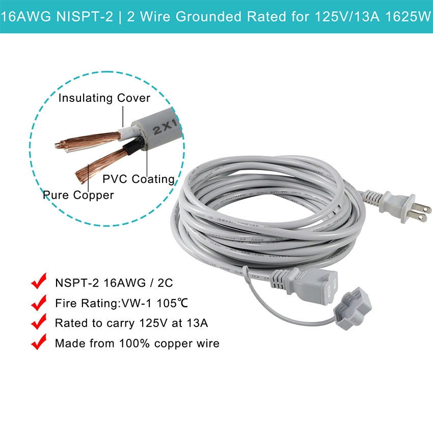 Gray NEMA1-15P to 1-15R power cable