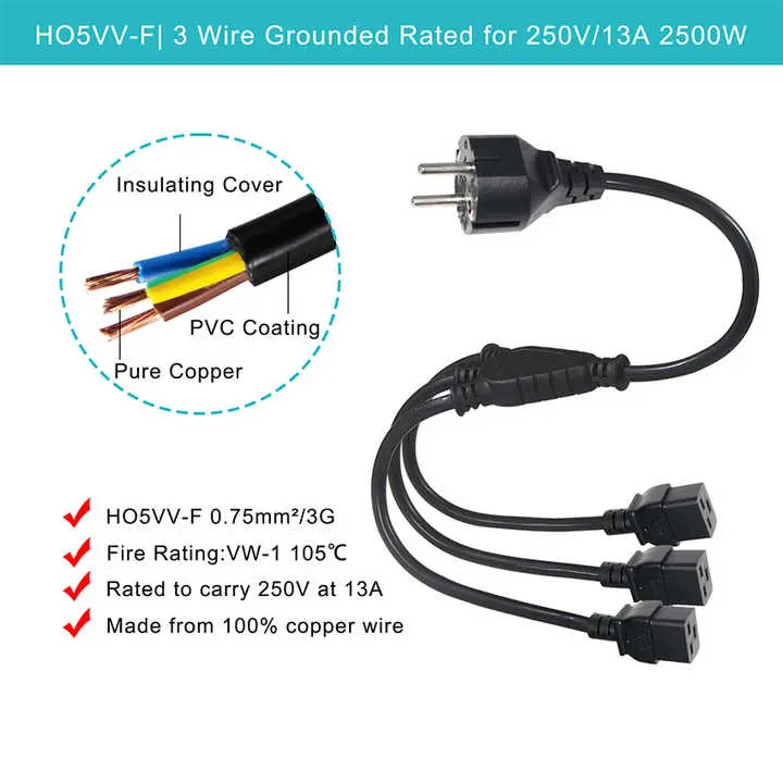 CEE 7/7 Schuko Plug to 3-Way IEC C19 Power Splitter Cable