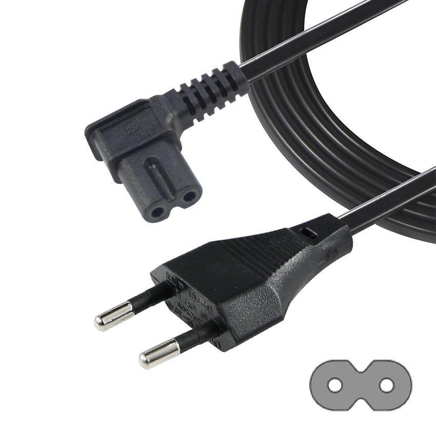 Euro 2 pin plug to right angle IEC C7 power cord 