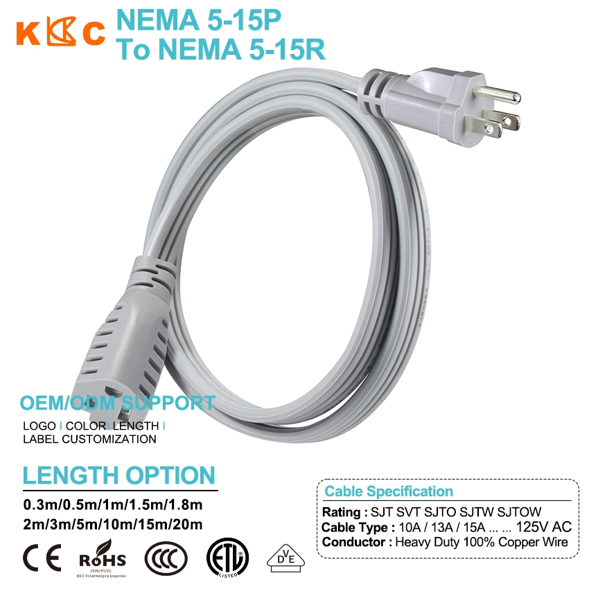 Gray NEMA 5-15P to 5-15R Extension Cord
