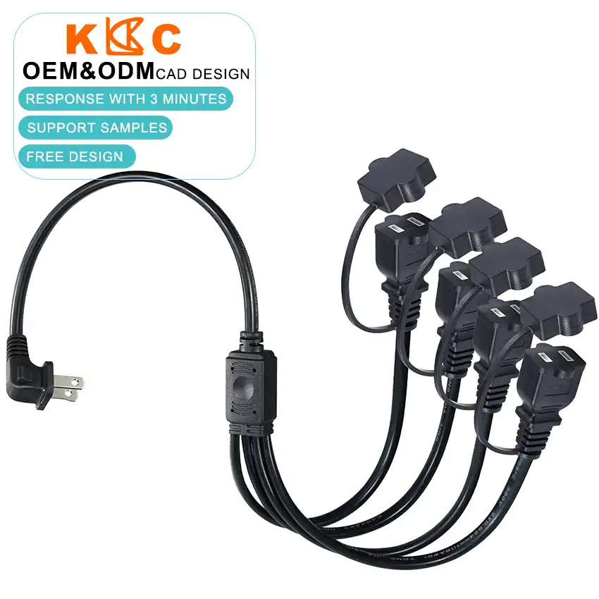 90-Degree Angled NEMA 1-15P to 4-Way 1-15R Power Splitter Cord with Safety Dust Covers